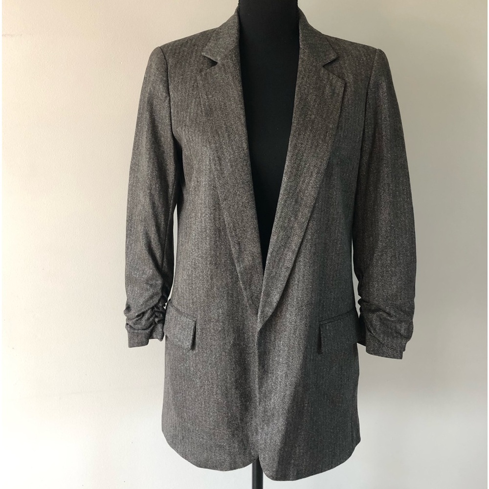 Women’s Zara Basic Herringbone Open Front Ruched sleeve Blazer size XS